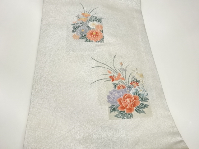  引箔流水に色紙・古典柄・花葉模様織出し名古屋帯